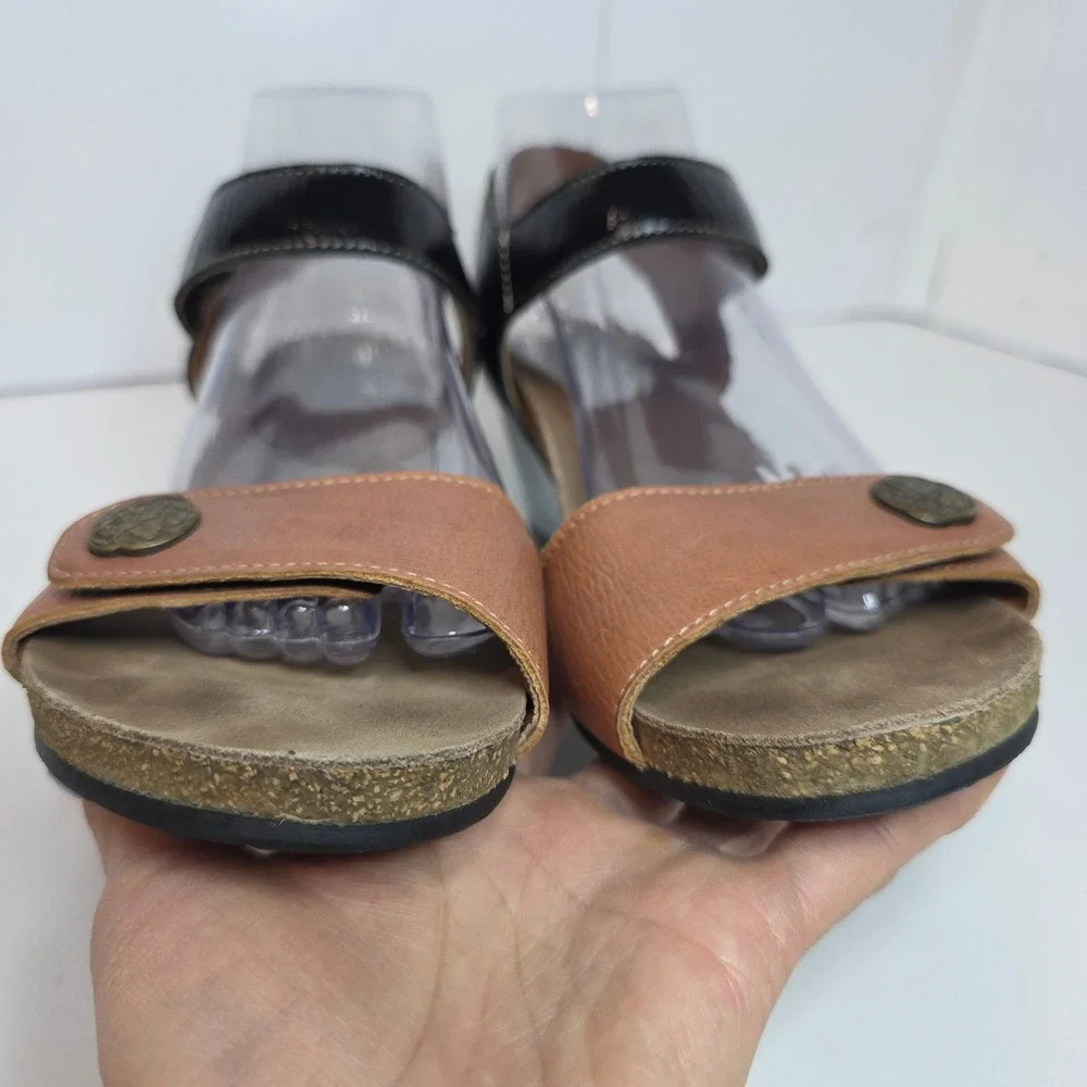 Taos Women's Wedge Sandals Patten Black Tan Leather Ankle‎ Strap Size 41 Comfy
